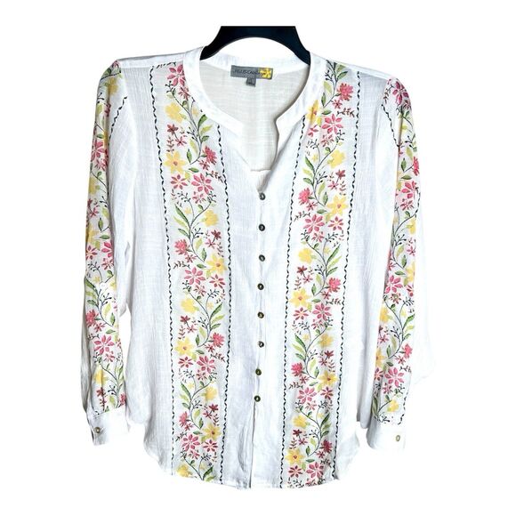 Figueroa & Flower Tops - Figueroa & Flower White Light Weight Spring Floral Long Sleeve Blouse Large